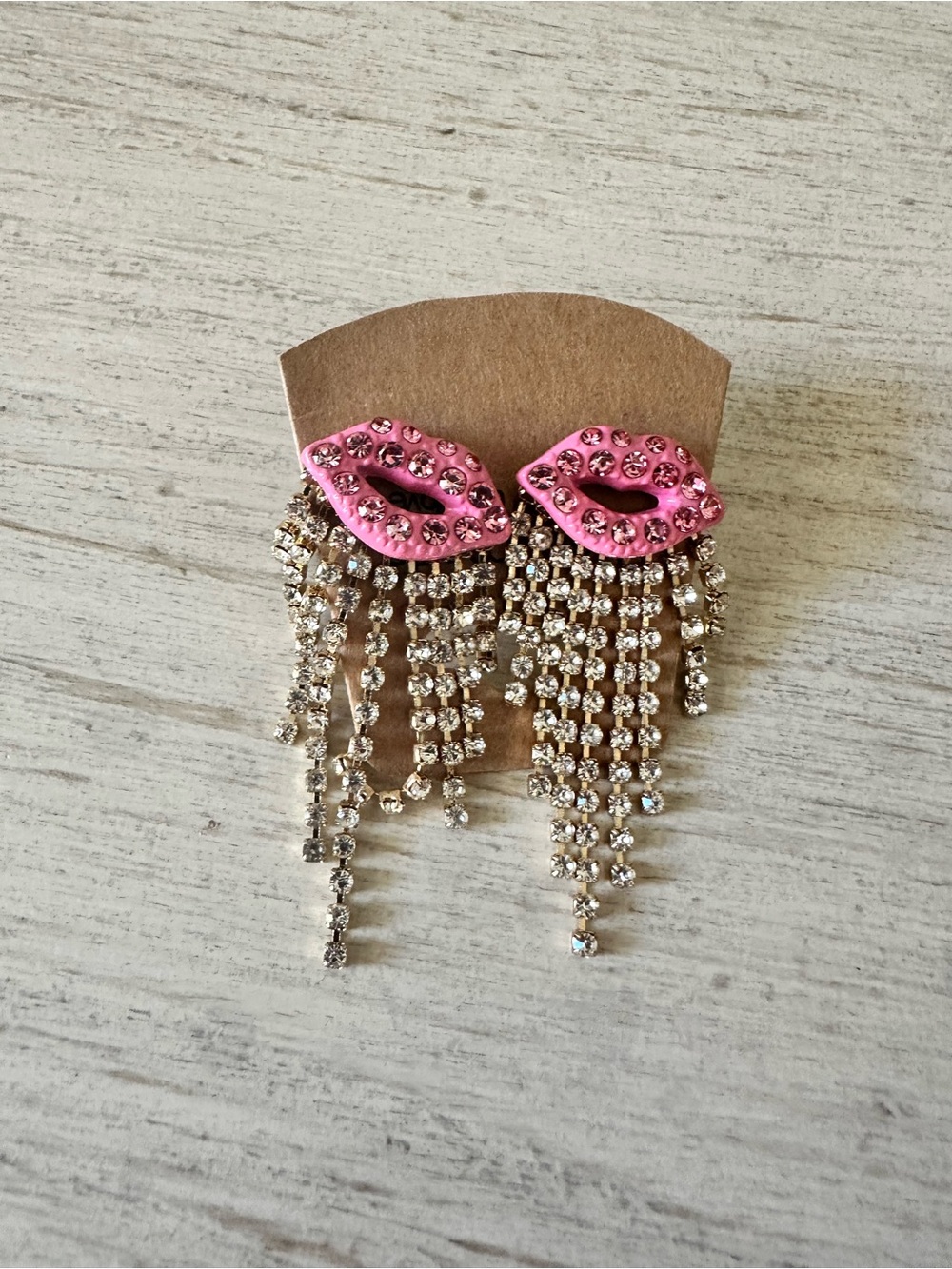 Pink Lip Kiss Rhinestone Fringe Earrings